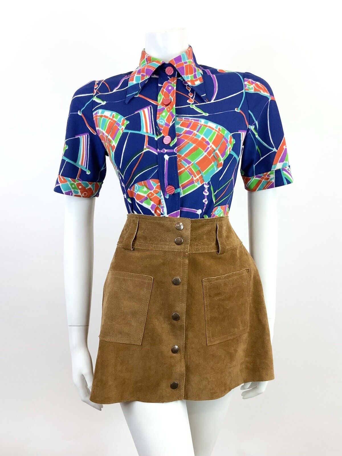 VTG 60s 70s BLUE ORANGE PURPLE GREEN ABSTRACT MOD PSYCHEDELIC DAGGER SHIRT 10 12