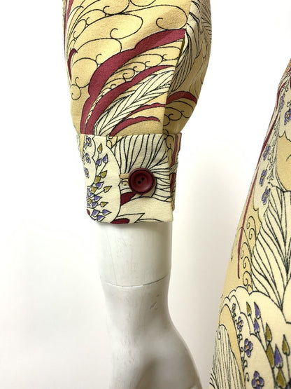 VINTAGE 60s 70s CREAM RED WHITE FLORAL FEATHER SWIRL SHIRT DRESS 8 10