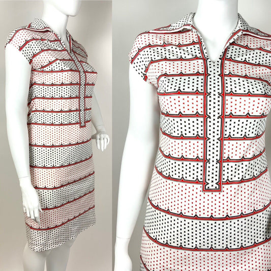VINTAGE 60s 70s WHITE RED BLACK WING COLLAR STRIPED CROSS MOD DRESS 16 18