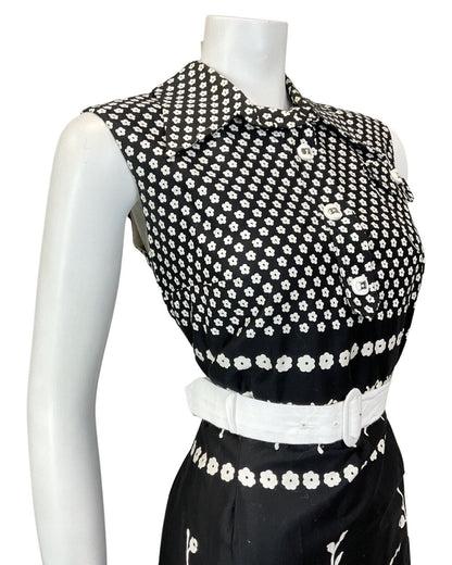 VINTAGE 60s 70s BLACK WHITE FLORAL DAISY MOD SLEEVELESS DAGGER SHIRT DRESS 10 12