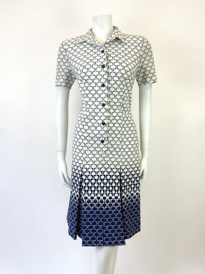 VINTAGE 60s 70s WHITE NAVY BLUE GEOMETRIC OP-ART FADE DAGGER SHIRT DRESS 12 14