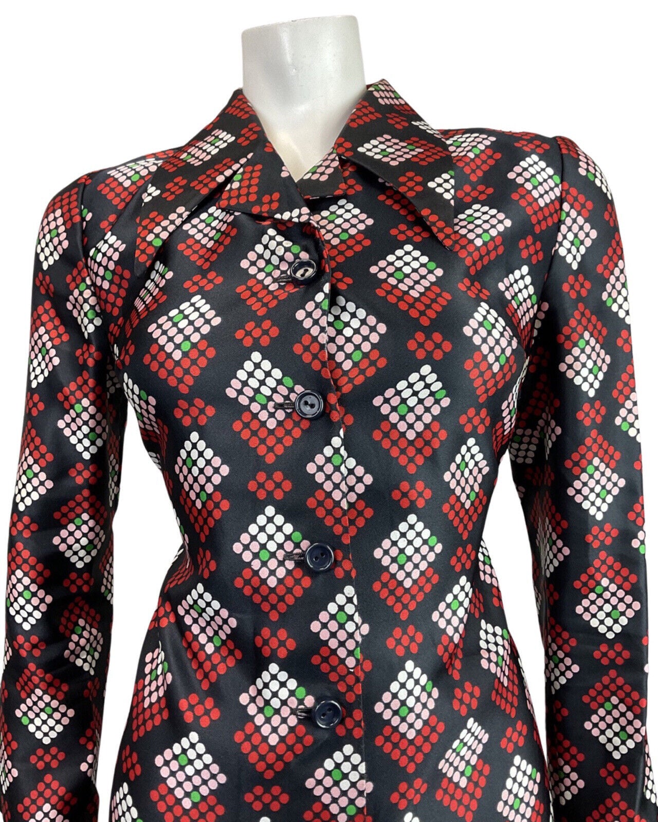 VINTAGE 60s 70s BLACK RED GREEN DOTTY GEOMETRIC DAGGER COLLAR SHIRT DRESS 12