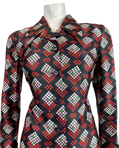 VINTAGE 60s 70s BLACK RED GREEN DOTTY GEOMETRIC DAGGER COLLAR SHIRT DRESS 12