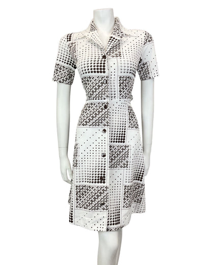VINTAGE 60s 70s WHITE BROWN DOTTY CIRCLE GEOMETRIC MOD DAGGER SHIRT DRESS 10 12