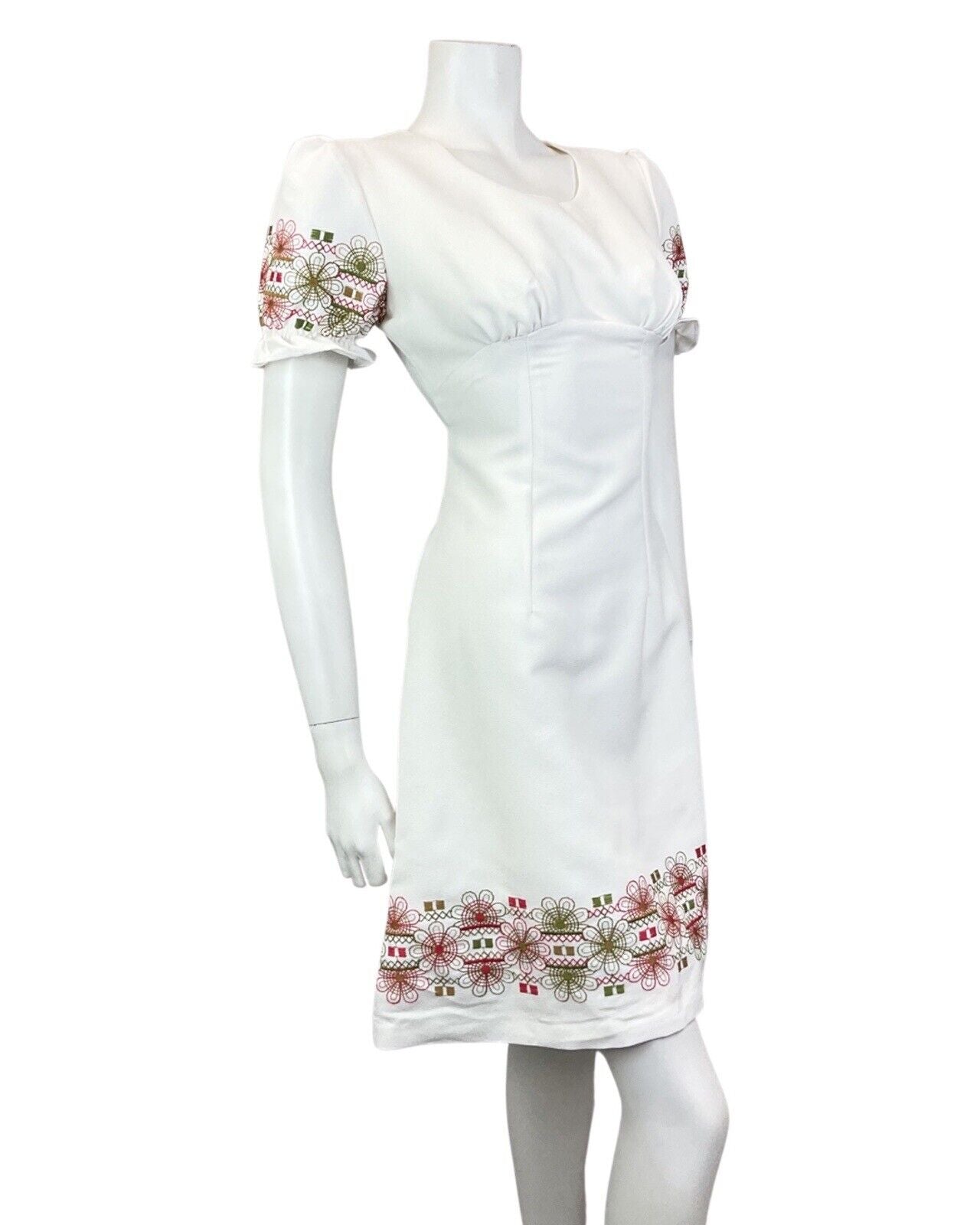 VINTAGE 60s 70s WHITE RED GREEN EMBROIDERED FLORAL PUFF SLEEVE MOD DRESS 8 10