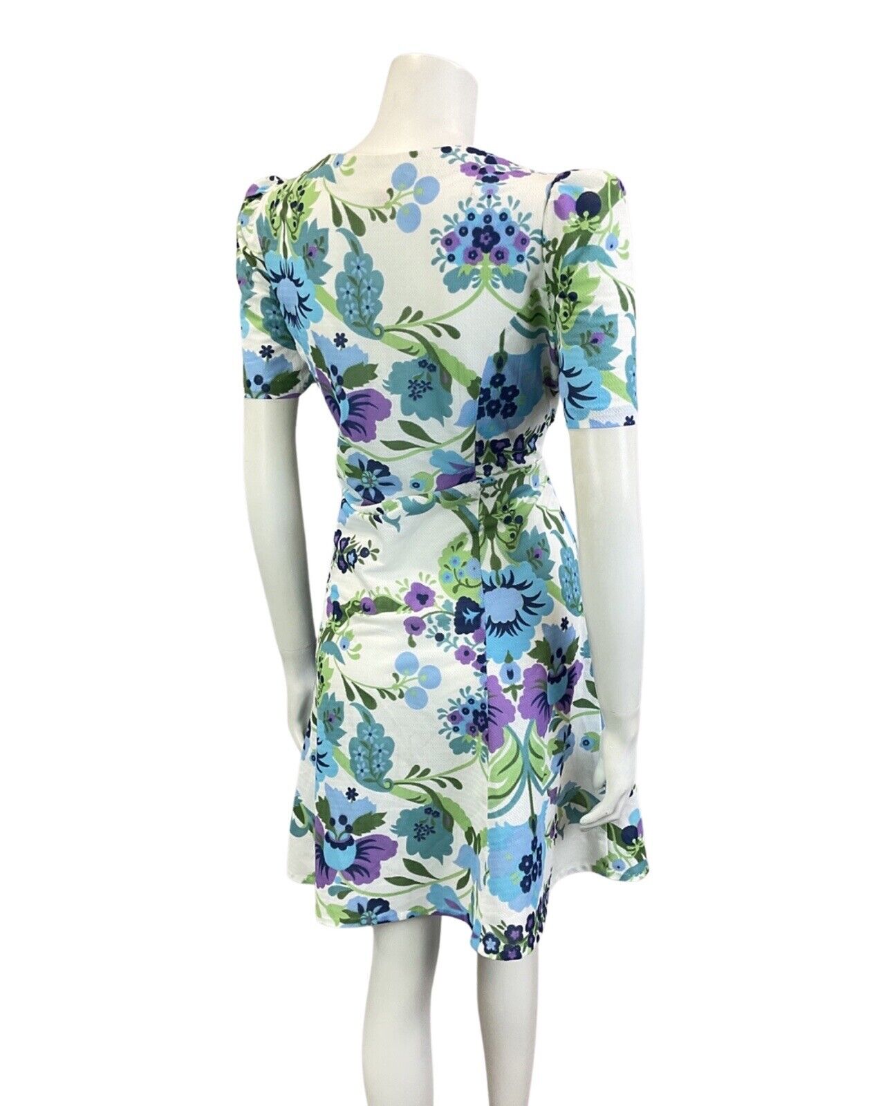VINTAGE 60s 70s WHITE BLUE GREEN FLORAL LEAFY MOD SUMMER SHORT DRESS 14 16