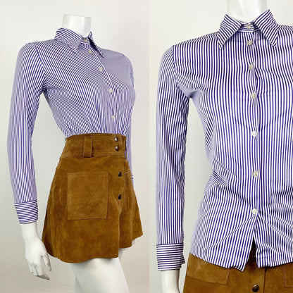 VINTAGE 60s 70s PURPLE WHITE STRIPED MOD DAGGER SHIRT BLOUSE 8
