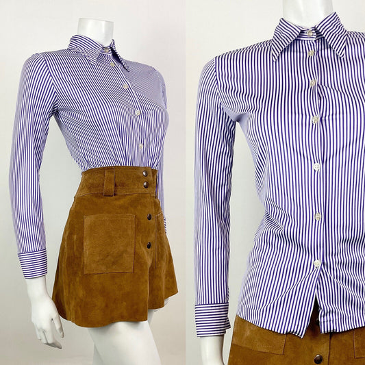 VINTAGE 60s 70s PURPLE WHITE STRIPED MOD DAGGER SHIRT BLOUSE 8