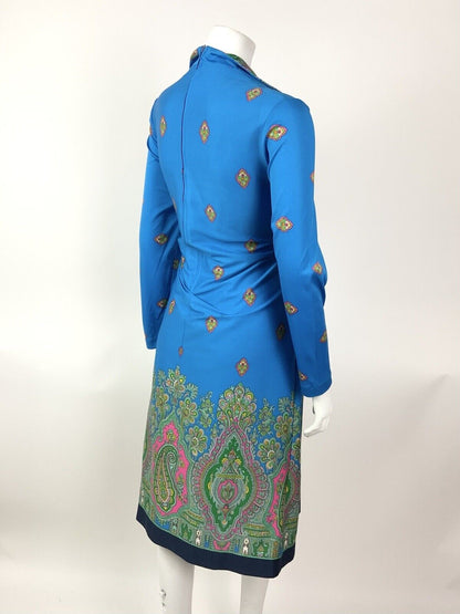 VTG 60s 70s BLUE PINK GREEN FLORAL PAISLEY INDIAN ETHNIC DAGGER COLLAR DRESS 16