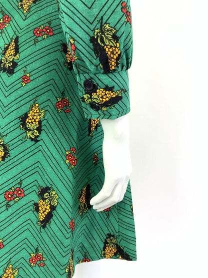 VTG 60s 70s GREEN BLACK YELLOW ZIG-ZAG GRAPES FLORAL DAGGER SHIRT DRESS 12 14