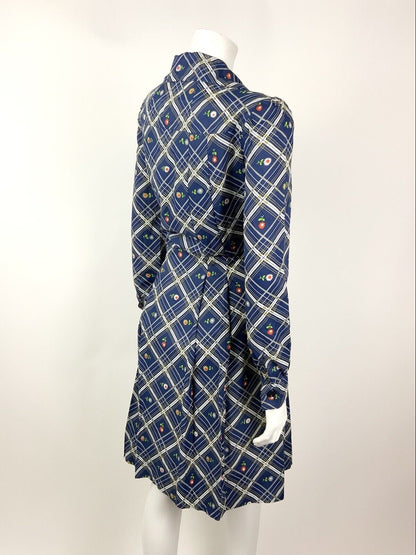 VTG 60s 70s BLUE WHITE SILVER RED PLAID CHECKED DAISY FLORAL SHIRT DRESS 12 14