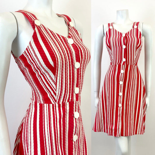 VINTAGE 60s 70s RED WHITE CANDY STRIPED SWEETHEART SLEEVELESS MOD SUN DRESS 8 10