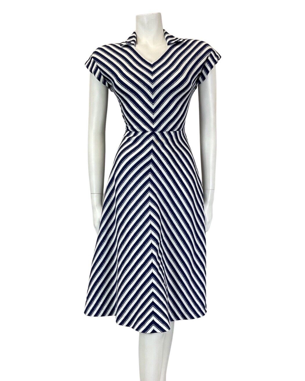 VINTAGE 60s 70s NAVY BLUE WHITE STRIPED MOD SHIRT SWING FLARED DRESS 8 10