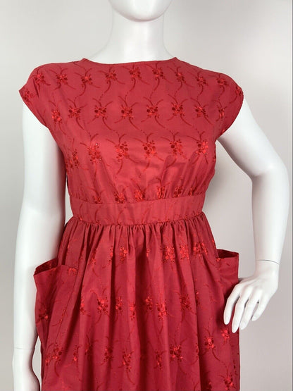 VINTAGE 60s 70s PILLARBOX RED EMBROIDERED FLORAL ANGLAISE SUMMER DRESS 12 14