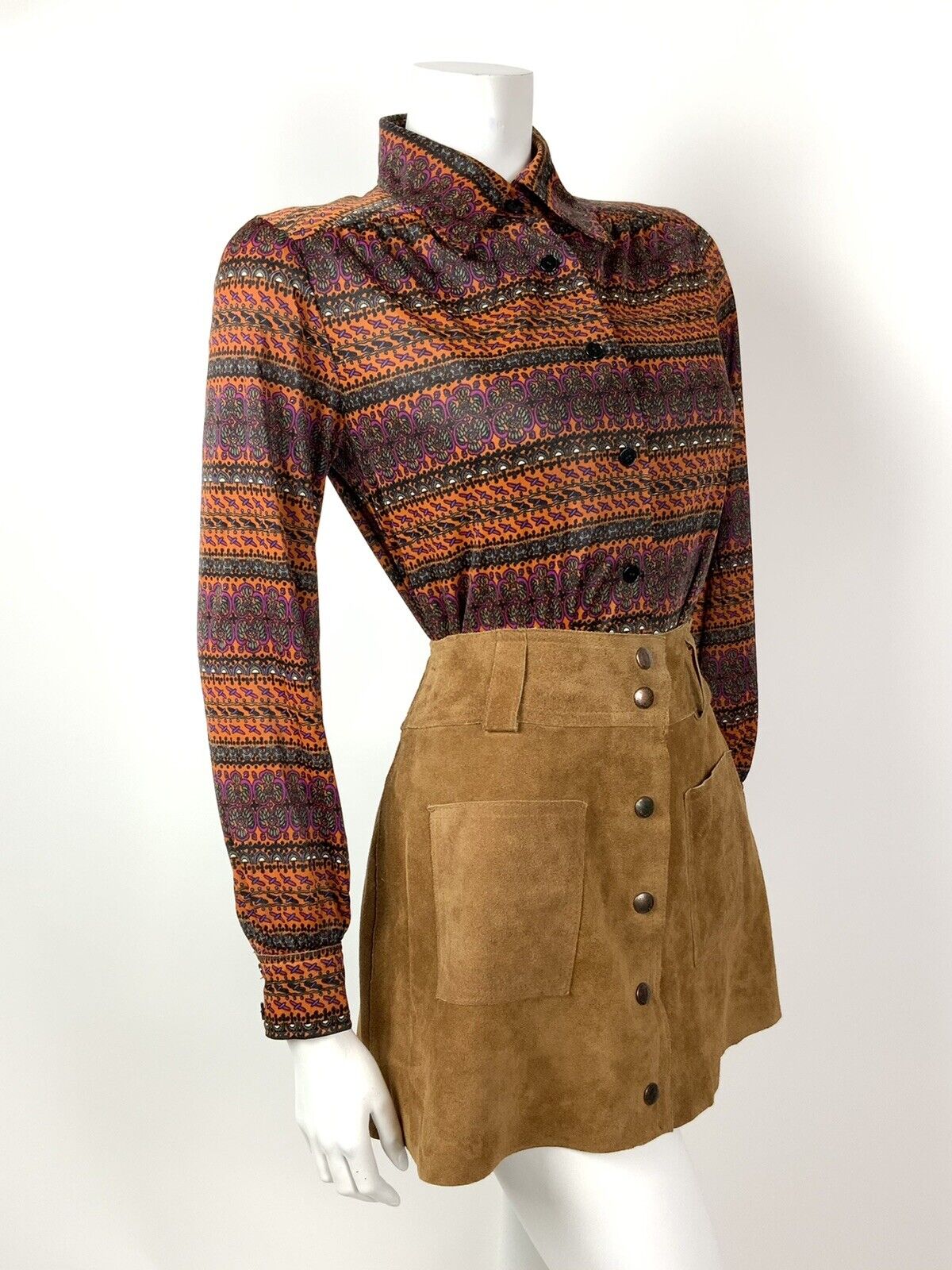 VINTAGE 60s 70s ORANGE BROWN PURPLE STRIPED PSYCHEDELIC FLORAL SHIRT TOP 14 16