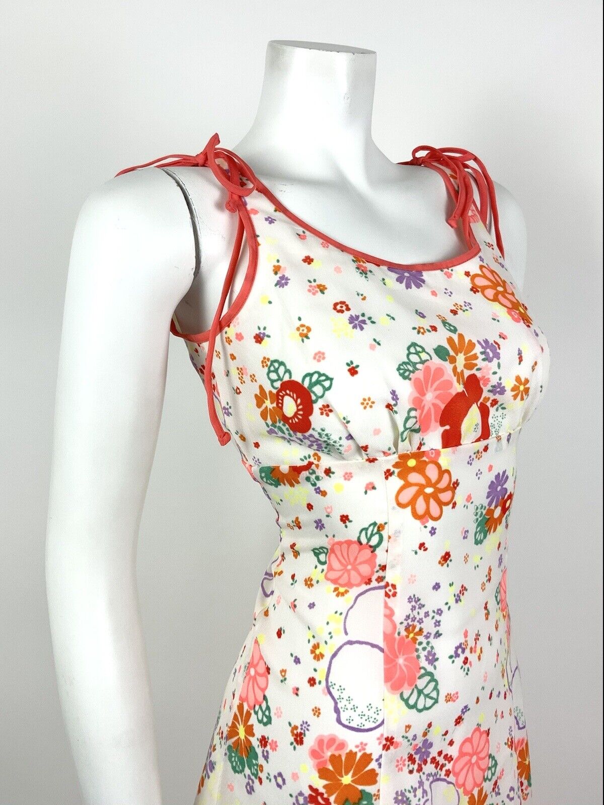 VINTAGE 60s 70s WHITE ORANGE PINK GREEN FLORAL DITSY EMPIRE LINE SUMMER DRESS 10