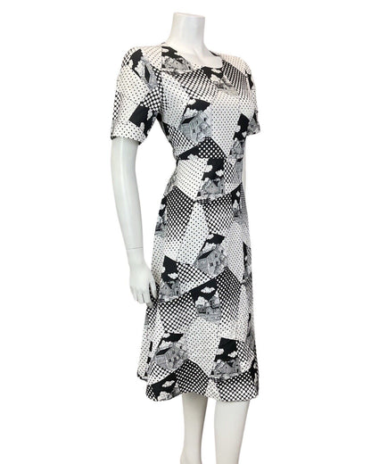 VINTAGE 60s 70s WHITE BLACK POLKA-DOT COTTAGE GEOMETRIC MOD SWING DRESS 10 12