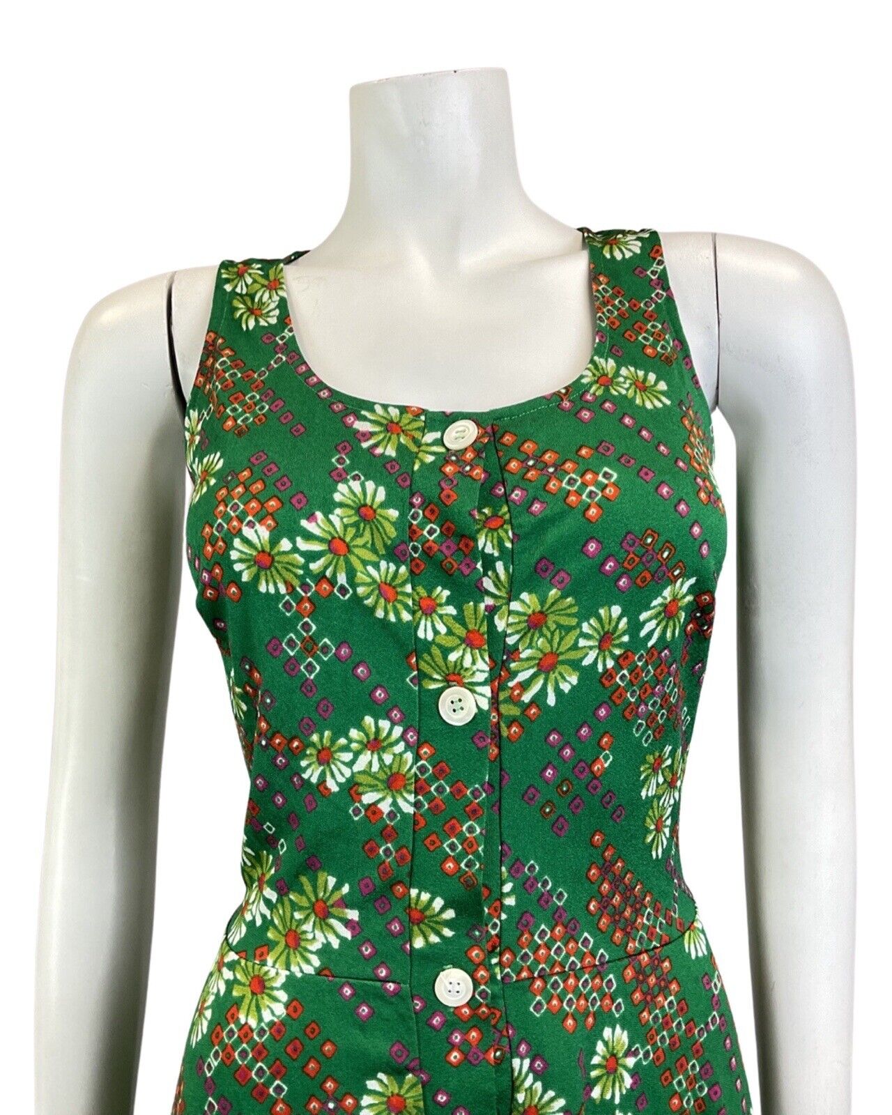 VINTAGE 60s 70s GREEN RED PURPLE DAISY FLOWER GEOMETRIC MOD SLEEVELESS DRESS 8