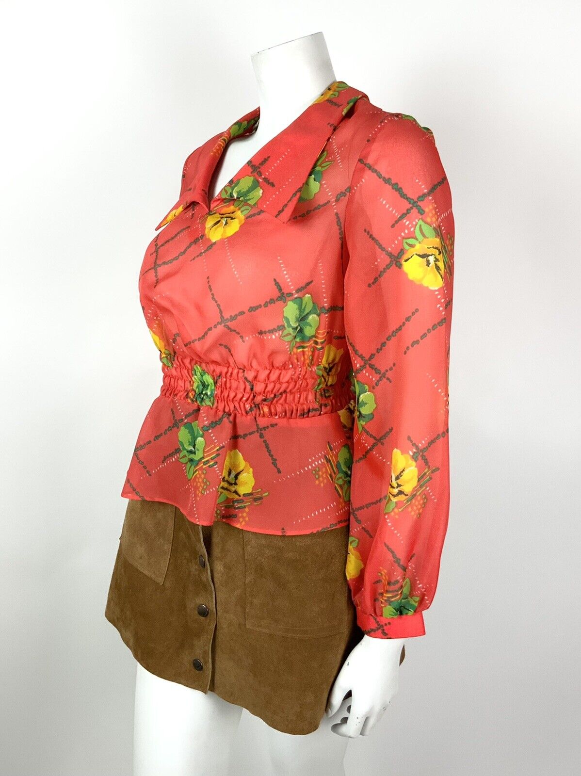 VTG 60s 70s RED / ORANGE YELLOW GREEN FLORAL WING COLLAR RUCHED BLOUSE TOP 8 10
