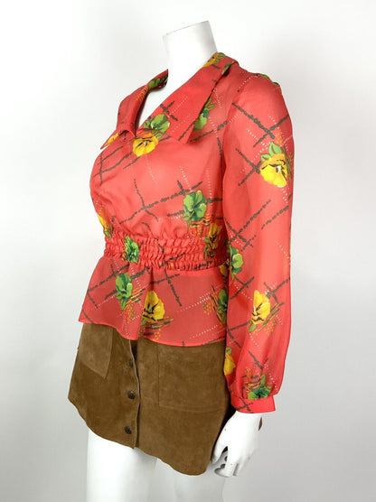 VTG 60s 70s RED / ORANGE YELLOW GREEN FLORAL WING COLLAR RUCHED BLOUSE TOP 8 10