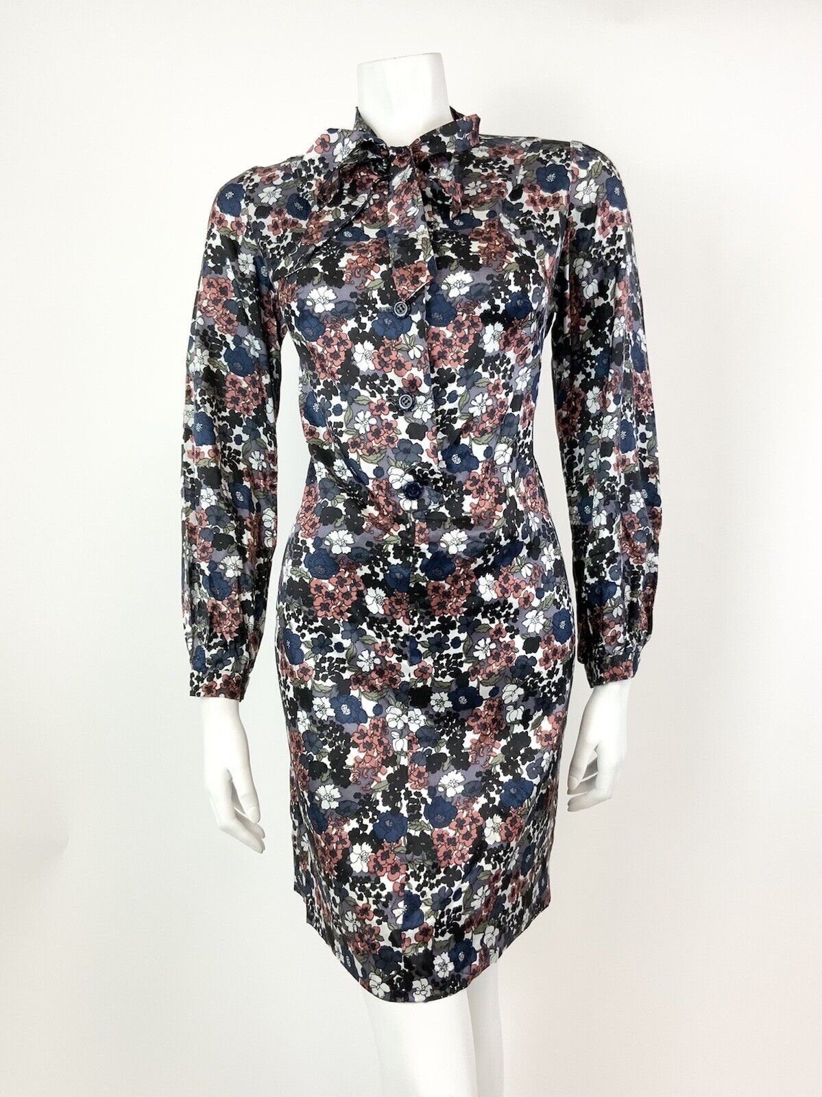 VINTAGE 60s 70s WHITE BLUE BLACK PINK FLORAL DITSY PUSSYBOW SHIFT DRESS 12 14