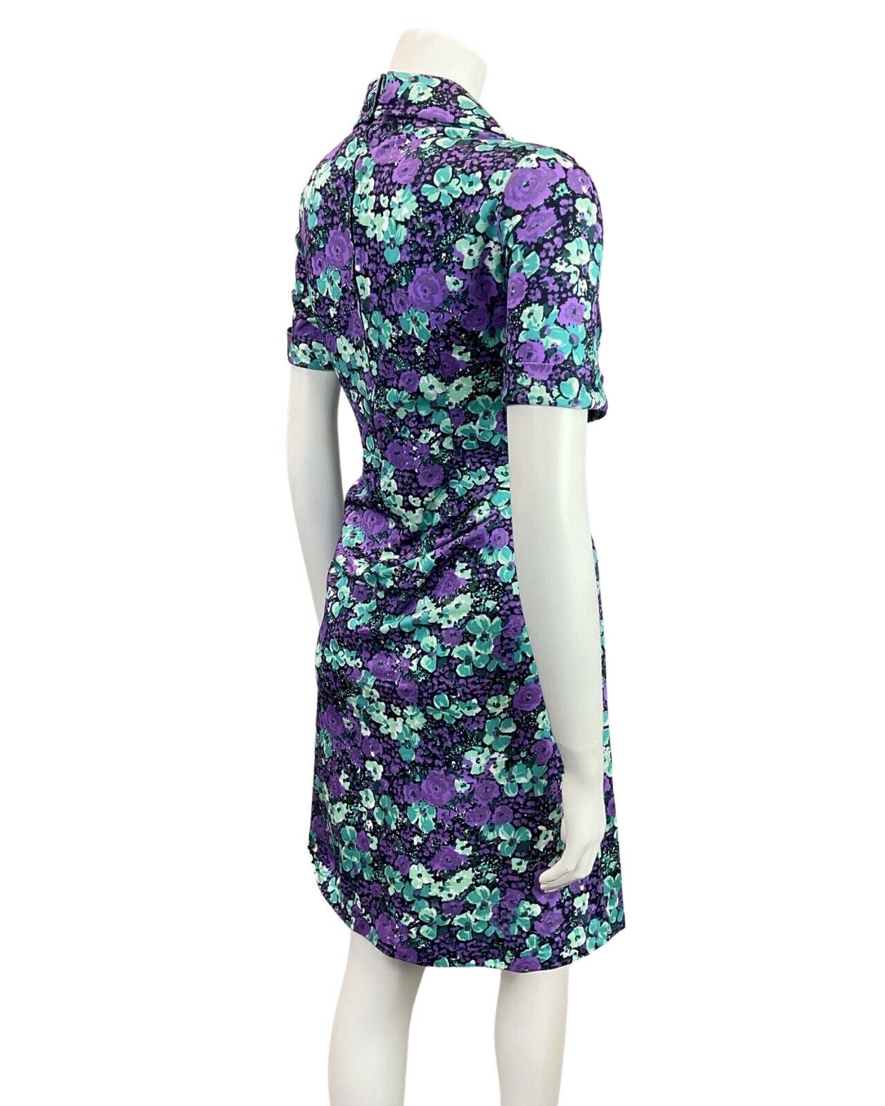 VINTAGE 60s 70s PURPLE BLUE MINT FLORAL DITSY PSYCHEDELIC MOD SHIRT DRESS 14 16