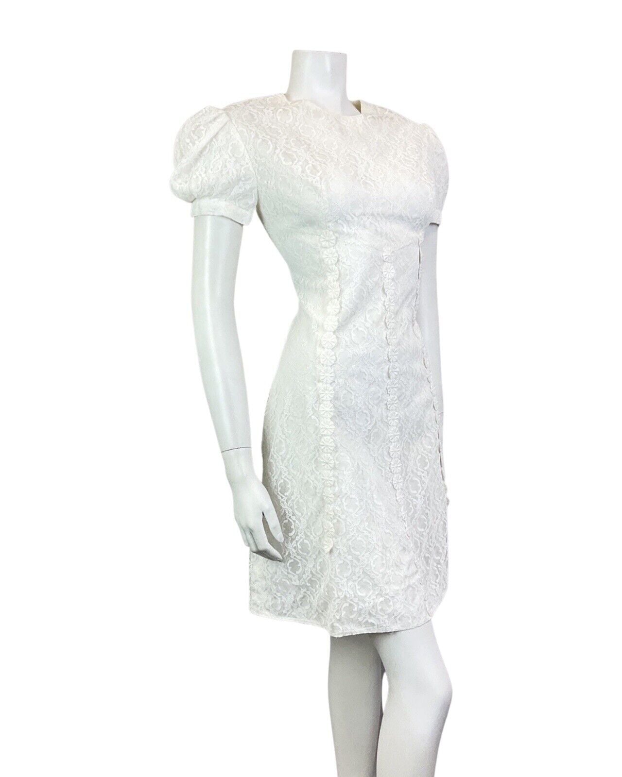 VINTAGE 60s 70s WHITE FLORAL ROSE LACE MOD PUFF SLEEVE SHORT DRESS 8 10