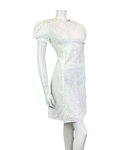 VINTAGE 60s 70s WHITE FLORAL ROSE LACE MOD PUFF SLEEVE SHORT DRESS 8 10