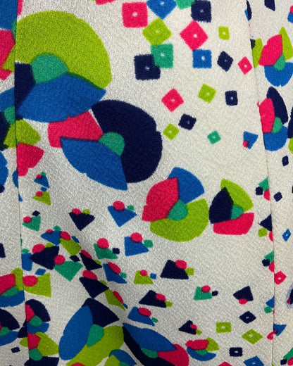 VINTAGE 60s 70s CREAM GREEN PINK GEOMETRIC PSYCHEDELIC SLEEVELESS SWING DRESS 12