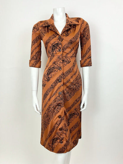 VTG 60s 70s BRONZE ORANGE BLACK ELEGANT FLORAL ACANTHUS CHERUB SHIRT DRESS 8