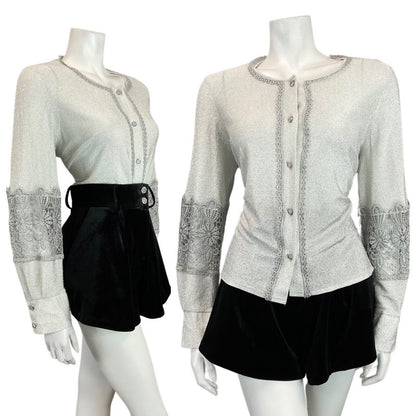 VTG 60s 70s METALLIC SILVER LUREX LACE DISCO PARTY STUDIO 54 JACKET BLOUSE 12 14