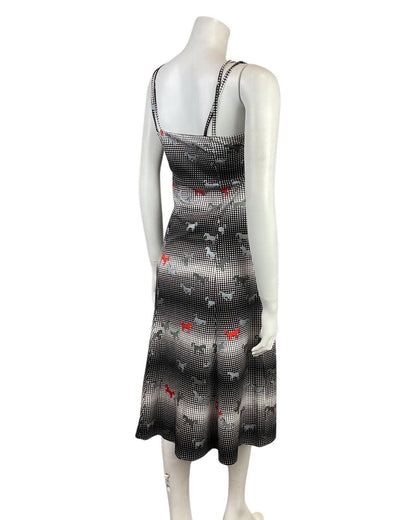 VINTAGE 60s STYLE 90s BLACK WHITE RED HALFTONE DOTTY HORSE STRAPPY SUN DRESS 8