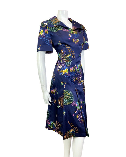 VINTAGE 60s 70s BLUE YELLOW PINK GEOMETRIC DOTTY FLORAL WING SHIRT DRESS 14 16