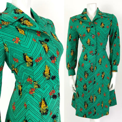 VTG 60s 70s GREEN BLACK YELLOW ZIG-ZAG GRAPES FLORAL DAGGER SHIRT DRESS 12 14