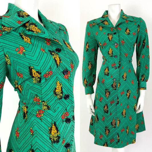 VTG 60s 70s GREEN BLACK YELLOW ZIG-ZAG GRAPES FLORAL DAGGER SHIRT DRESS 12 14