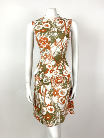 VINTAGE 60s 70s WHITE ORANGE GREEN FLORAL PSYCHEDELIC SLEEVELESS MOD DRESS 12 14