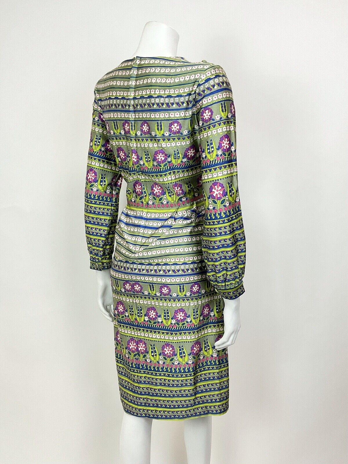 VTG 60s 70s GREEN BLUE PURPLE STRIPED DAISY GEOMETRIC MOD LONGSLEEVE DRESS 12 14