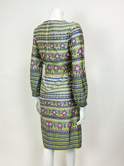 VTG 60s 70s GREEN BLUE PURPLE STRIPED DAISY GEOMETRIC MOD LONGSLEEVE DRESS 12 14