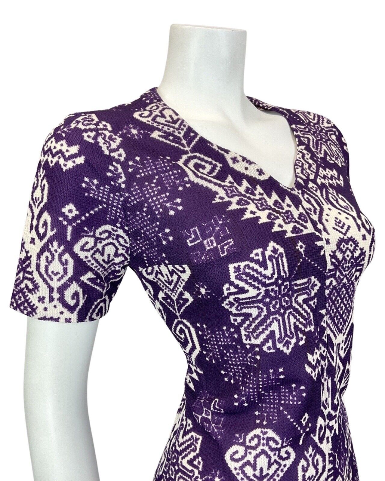 VINTAGE 60s 70s VIOLET PURPLE WHITE AZTEC GEOMETRIC MOD SHORT DRESS 10 12