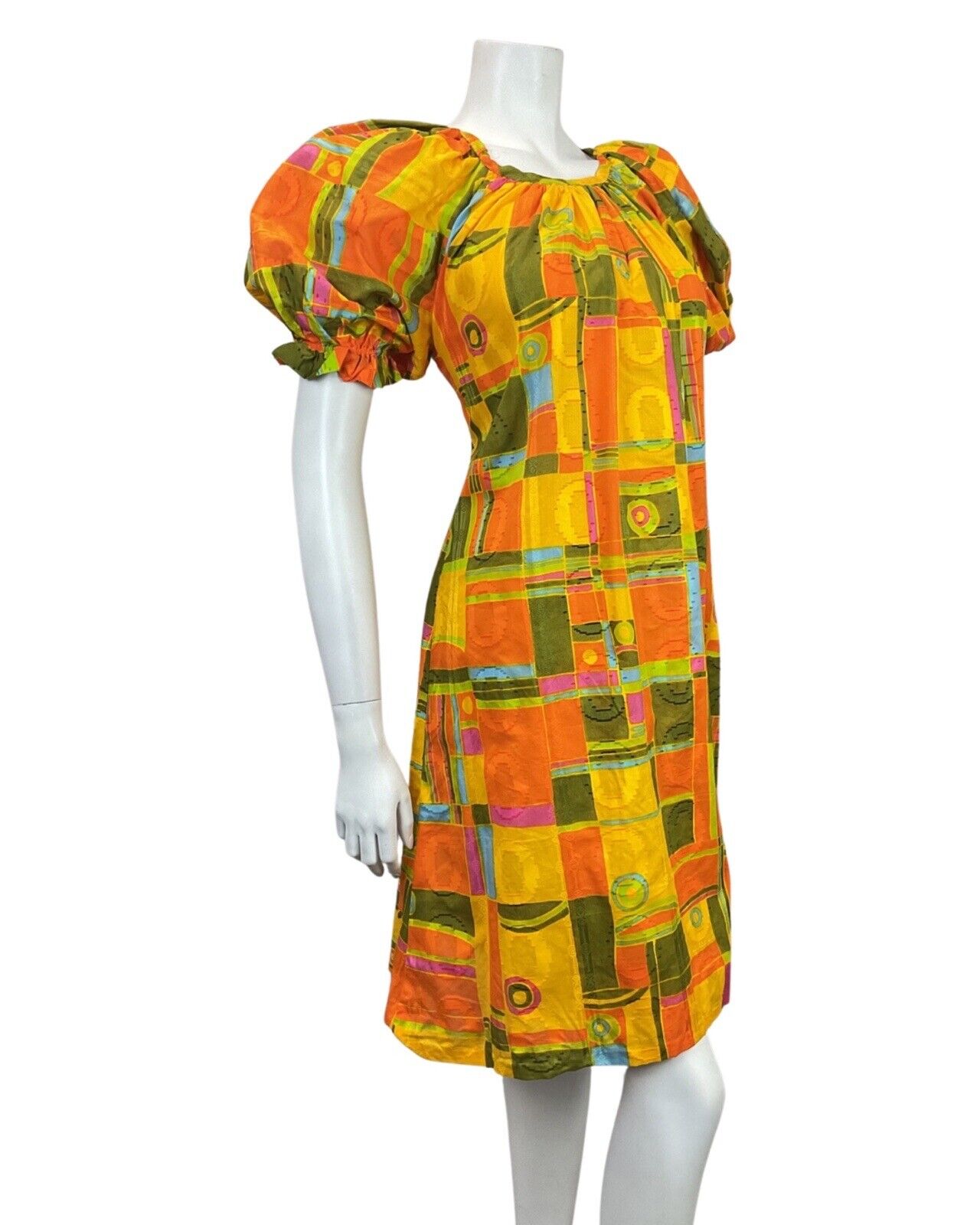VINTAGE 60s 70s YELLOW GREEN ORANGE GEOMETRIC PUFF SLEEVE TENT DRESS 12 14