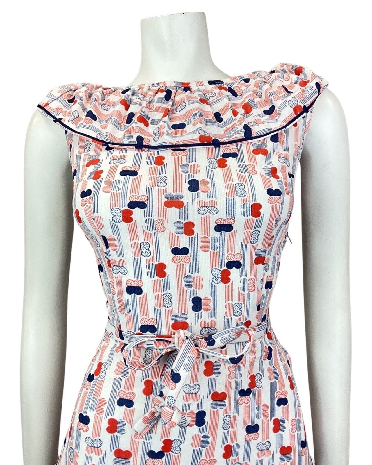VINTAGE 60s 70s WHITE RED BLUE STRIPED BUTTERFLY SLEEVELESS SWING DRESS 8 10