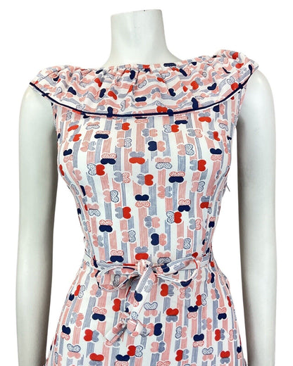 VINTAGE 60s 70s WHITE RED BLUE STRIPED BUTTERFLY SLEEVELESS SWING DRESS 8 10
