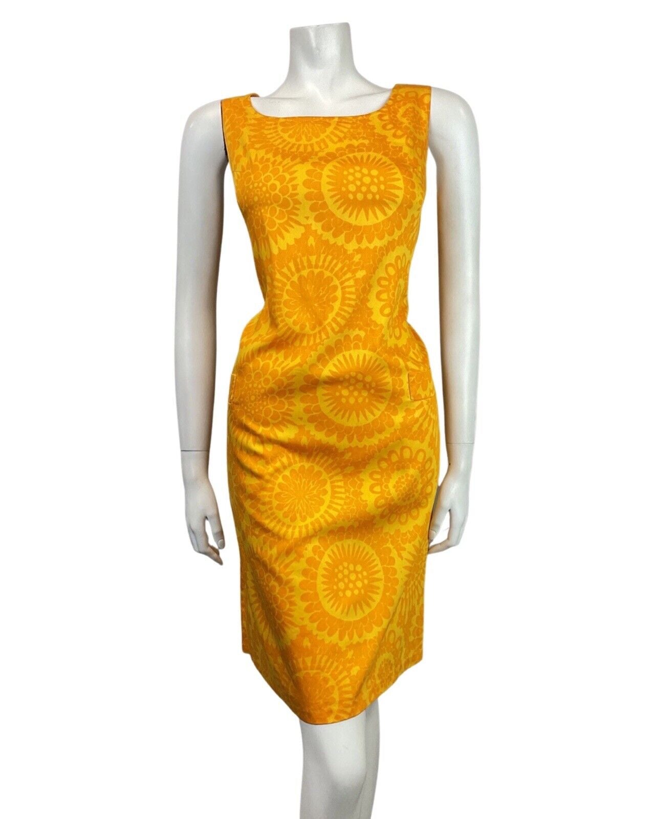 VINTAGE 60s 70s YELLOW ORANGE FLORAL SUNFLOWER SLEEVELESS SHIFT DRESS 10 12