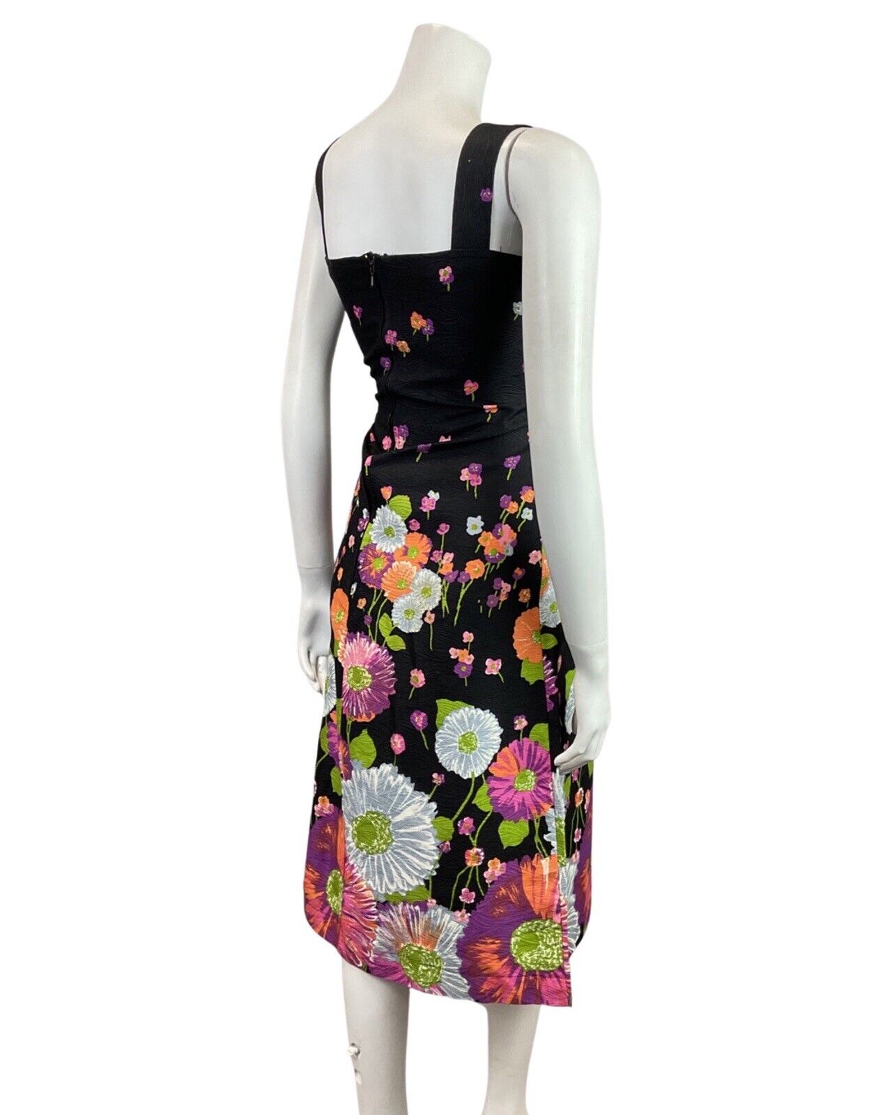 VINTAGE 60s 70s BLACK PINK GREEN FLORAL GERBERA SLEEVELESS SUMMER DRESS 8