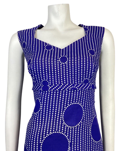 VINTAGE 60s 70s PURPLE WHITE POLKA-DOT STRIPED MANDALA MOD SLEEVELESS DRESS 14