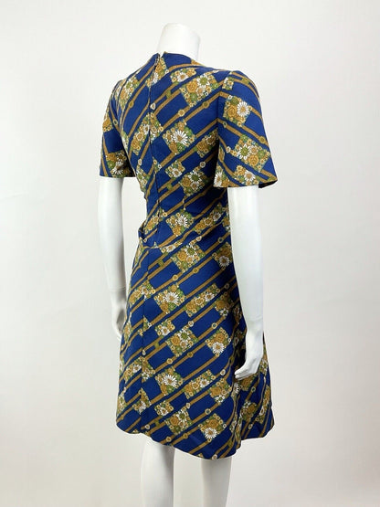 VTG 60s 70s BLUE GOLD BROWN GEOMETRIC DITSY FLORAL MOD SKATER SWING DRESS 8 10