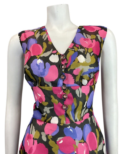 VINTAGE 60s 70s PURPLE PINK BLACK TULIP FLORAL SLEEVELESS MOD SHORT DRESS 10 12