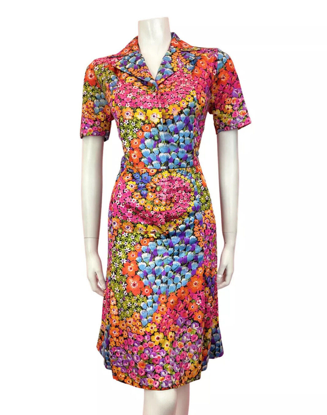 VINTAGE 60s 70s PINK BLUE ORANGE PSYCHEDELIC FLORAL SWIRL SHIRT DRESS 12 14