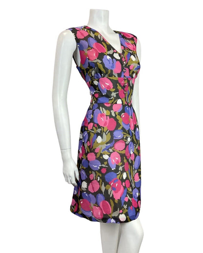 VINTAGE 60s 70s PURPLE PINK BLACK TULIP FLORAL SLEEVELESS MOD SHORT DRESS 10 12