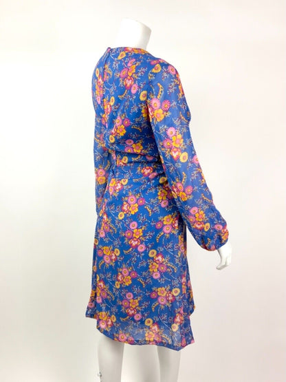 VINTAGE 60s 70s BRIGHT BLUE YELLOW PINK FLORAL DOTTY SHEER DRESS 12